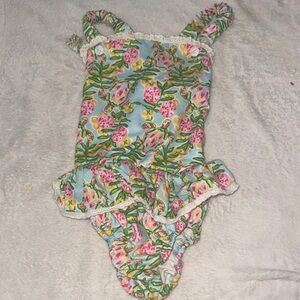 Floral little girls onsie with Ruffles and turtles boutique size 6  ( T15)